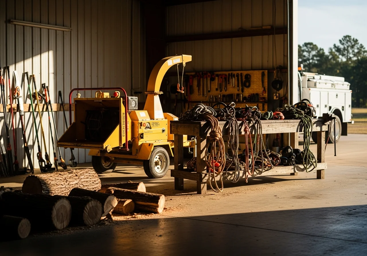 Tree service crew equipment and tools staged for daily operations, ready for removal and trimming work.