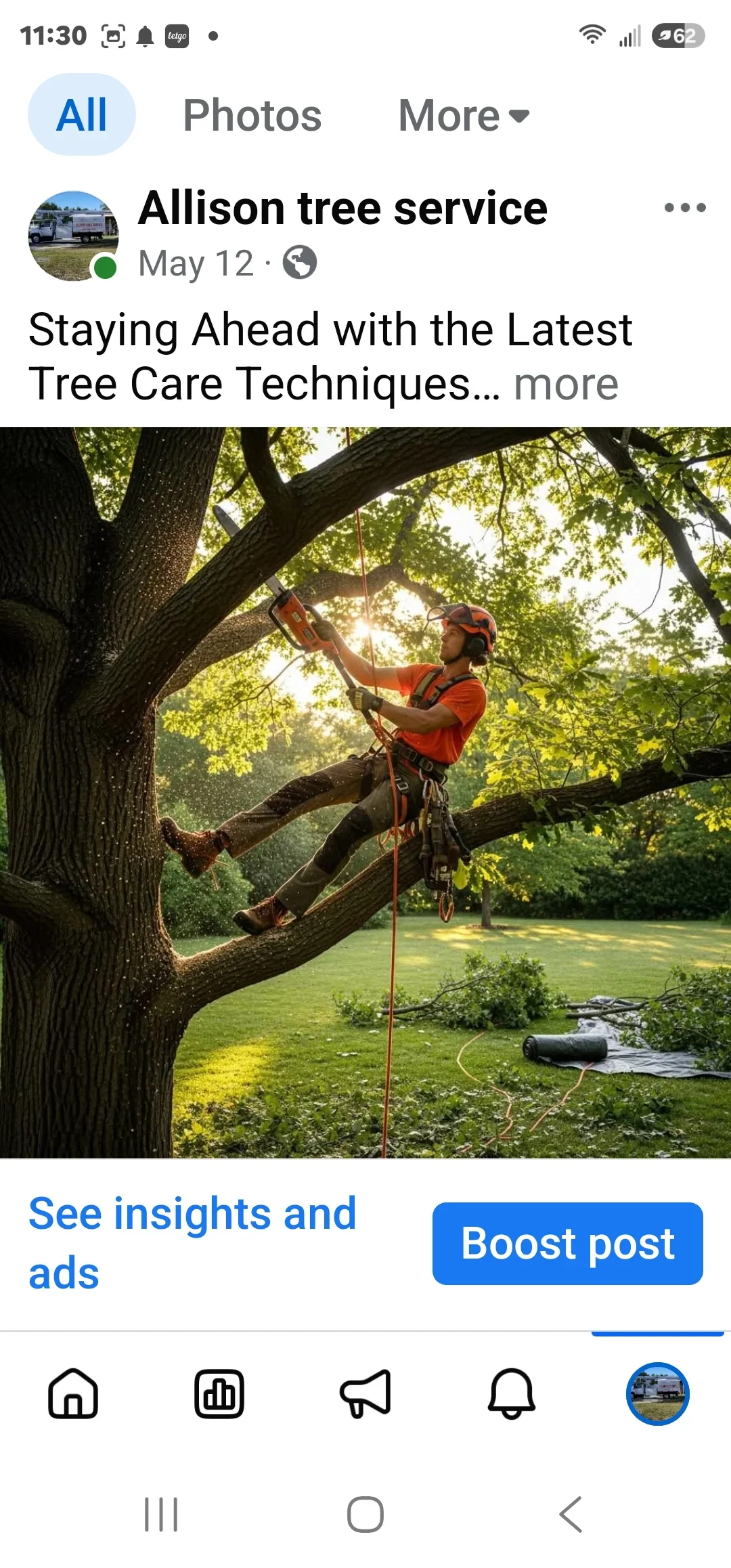 Arborist in red shirt suspended by rope pruning large oak tree limb with chainsaw