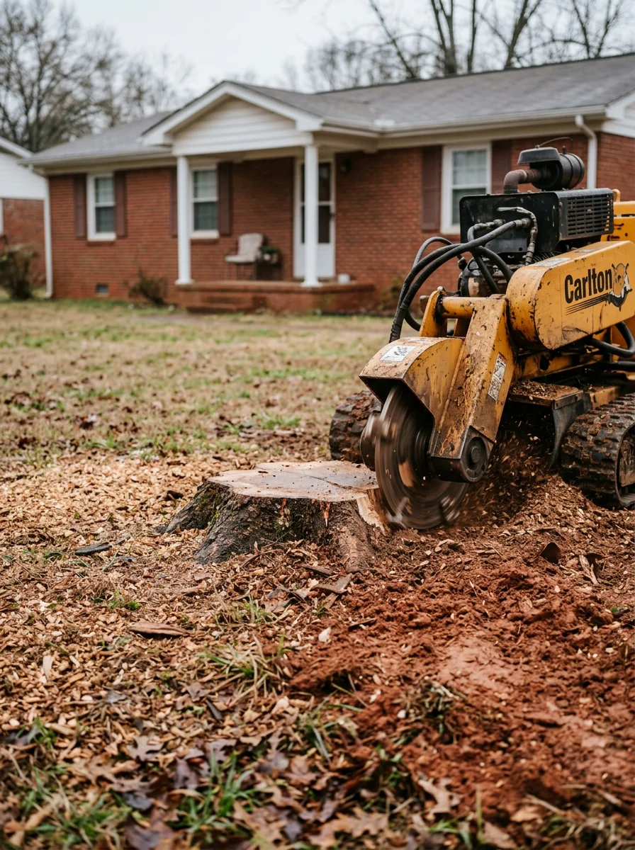 Professional stump grinding equipment removing a large tree stump from an Athens residential lot with clay-based soil