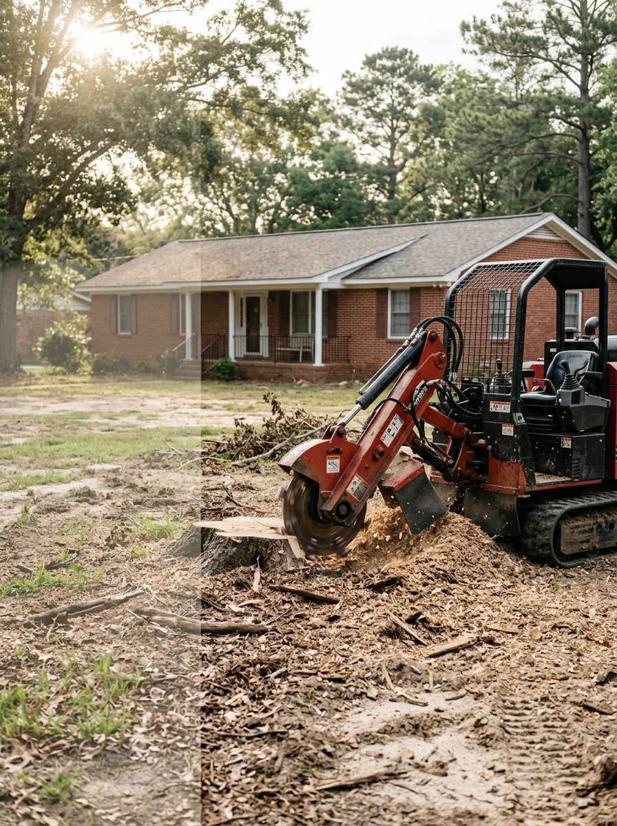 Tree removal work underway on a Gurley, Alabama residential property with crew and equipment on site.