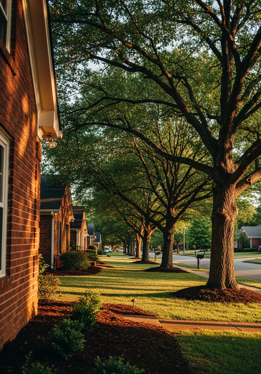 Residential street in Huntsville neighborhood with brick homes and mature trees, typical of local property styles.