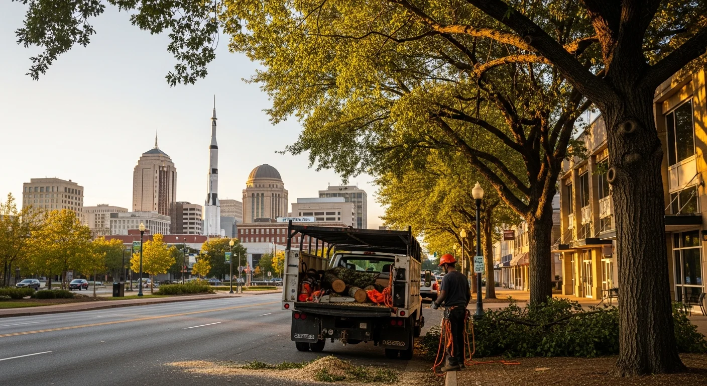 Huntsville skyline with Space and Rocket Center visible, showing downtown buildings and tree-lined streets in daylight.