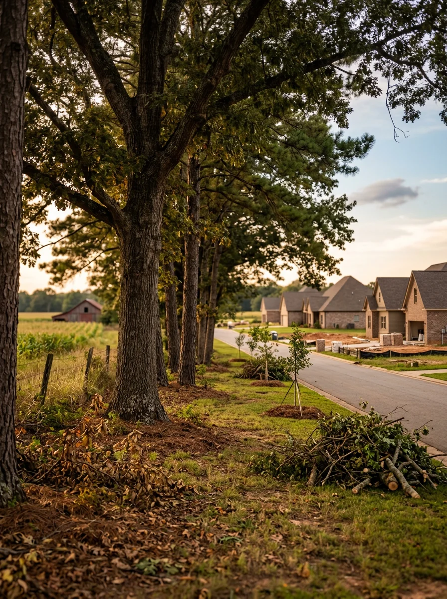 Tree removal work on a Moulton, Alabama rural property with large hardwoods and Lawrence County landscape.