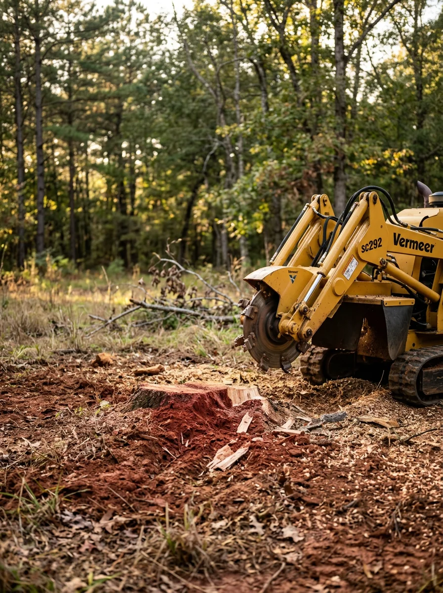 Tree removal crew working on a large hardwood tree in a Decatur, Alabama residential yard with equipment on site.