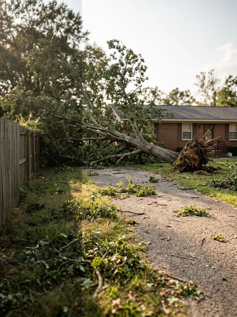 Storm damage cleanup in Trinity showing fallen tree across driveway with debris scattered on residential property
