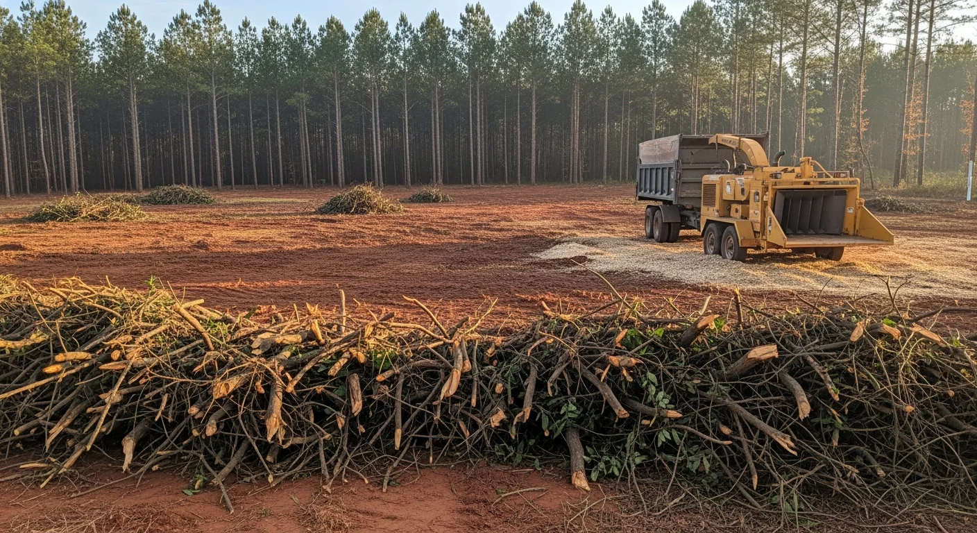 A cleared residential lot in Huntsville, Alabama showing removed brush, cut saplings, and open ground after professional brush removal service. Surrounding mature trees remain intact along the property line.