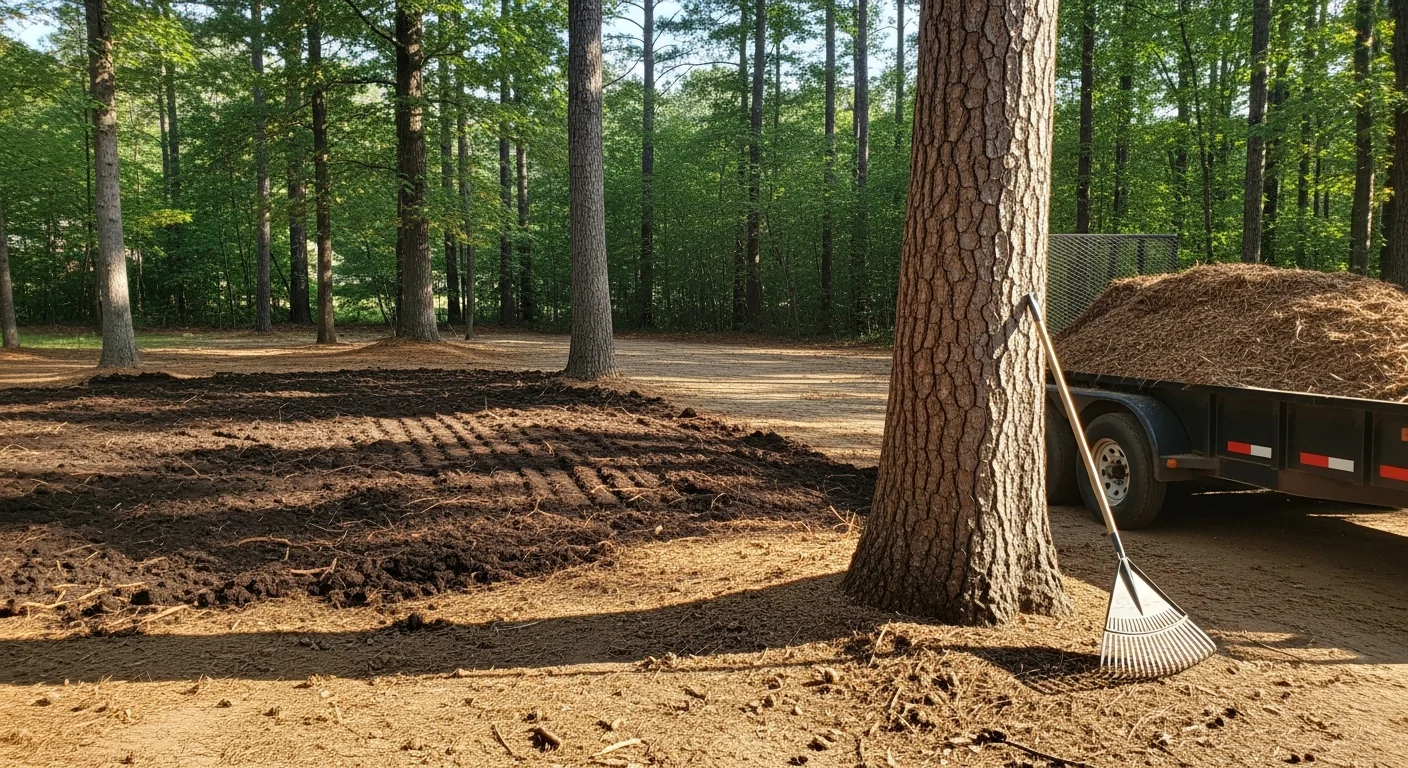 A clean, level yard in Huntsville, Alabama after stump grinding debris has been fully removed, showing bare soil ready for new grass or landscaping. Wood chips and root fragments have been cleared from the area where a large tree stump once stood.