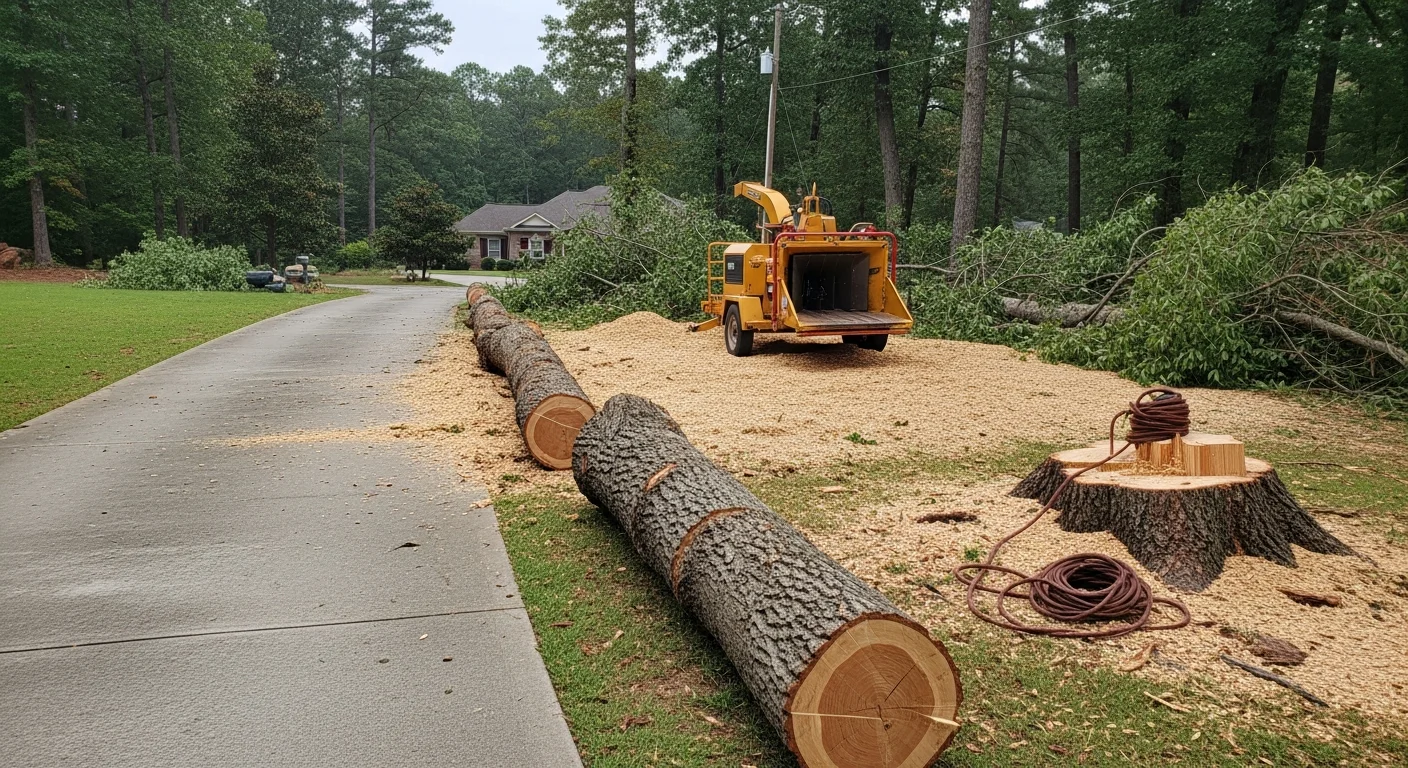 A large storm-damaged hardwood tree removed from the side of a residential home in Huntsville, Alabama, with the trunk cut into sections on the lawn and the roofline visible and clear of debris.