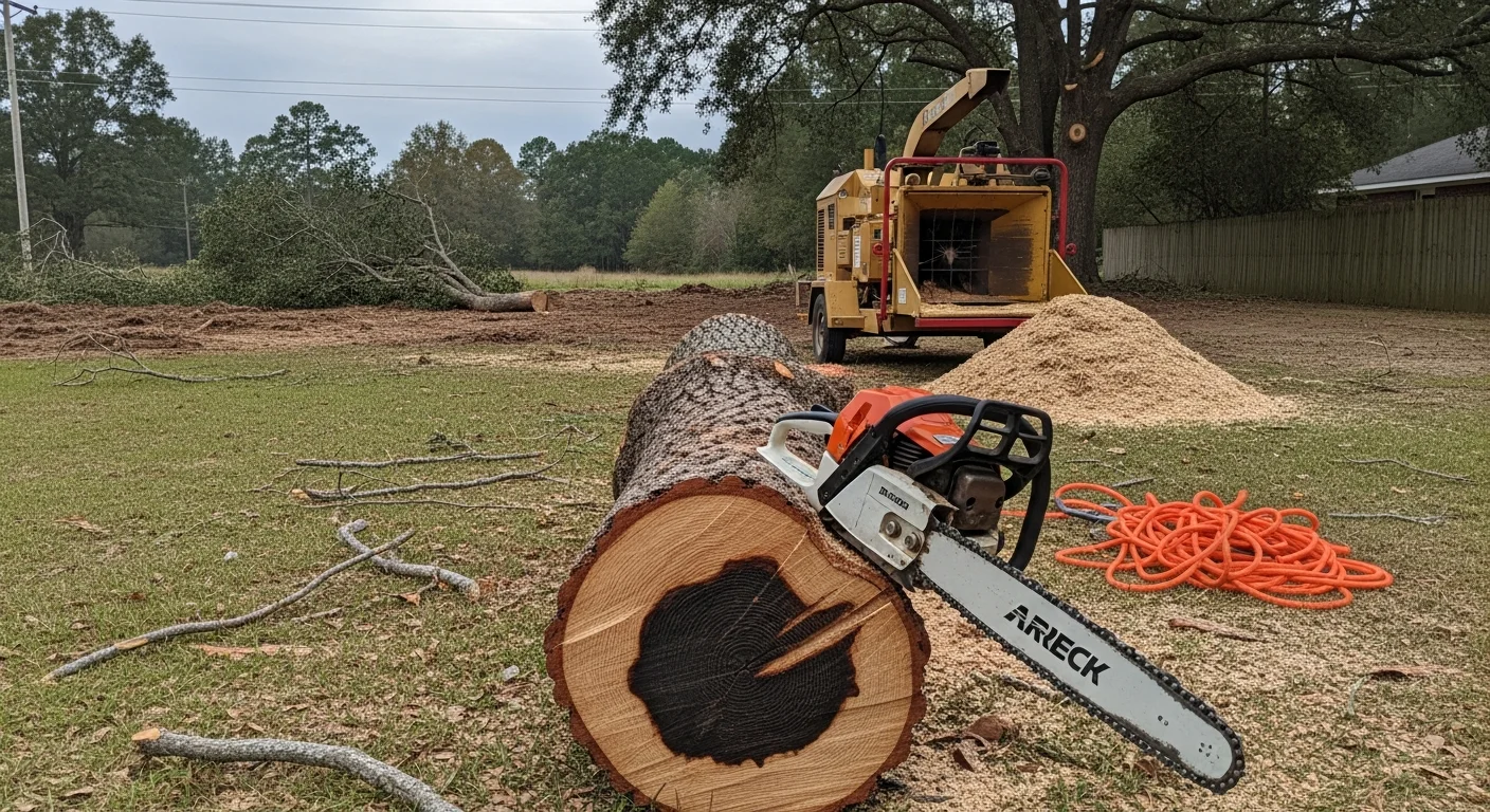 A large storm-damaged oak tree being sectioned and removed from a residential yard in Huntsville, Alabama, with cut limbs on the ground and a cleared roof line visible in the background. A tree service crew member in safety gear operates a chainsaw from a rigged position near the upper trunk.