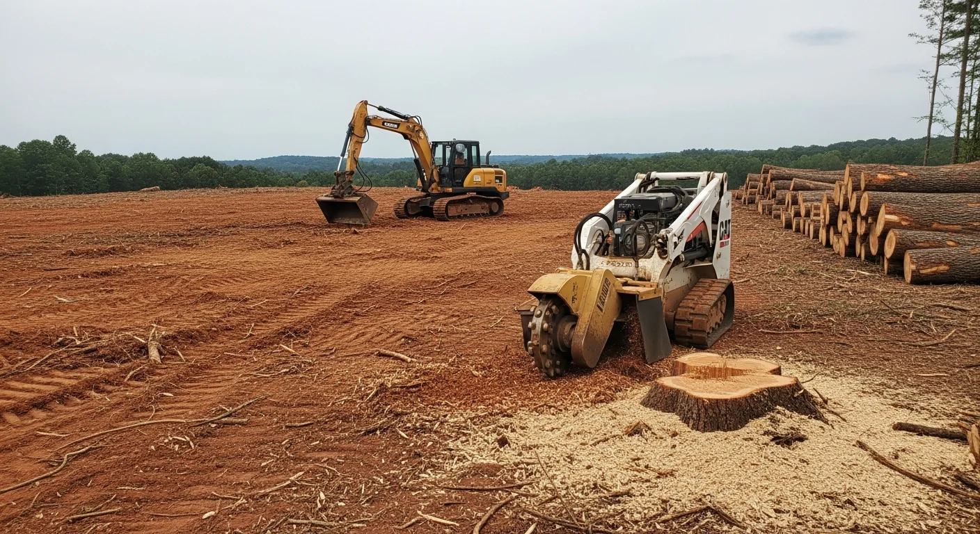 A freshly cleared residential lot in Huntsville, Alabama with stumps ground down and brush removed, showing level bare ground ready for construction. Surrounding tree line remains intact along the property edge.