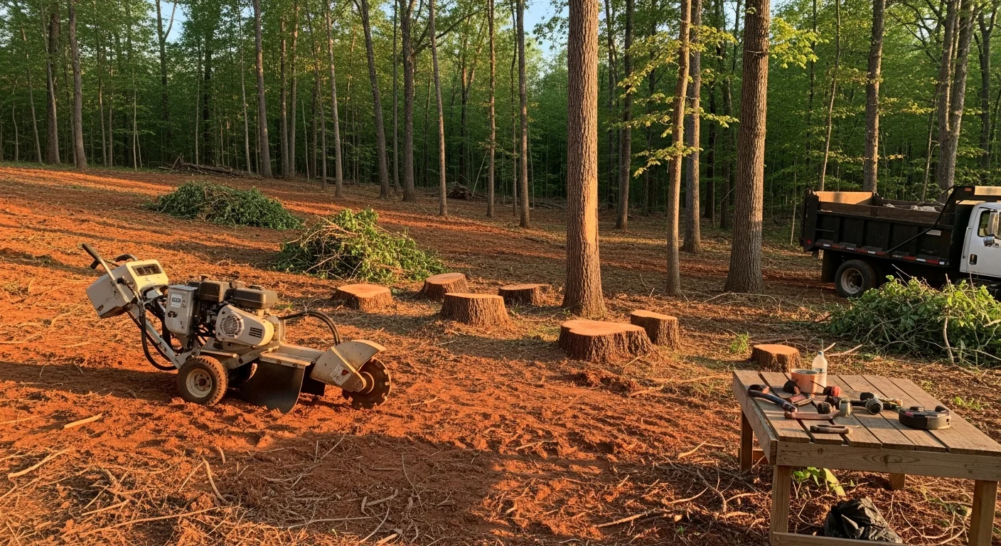 A freshly cleared residential lot in Huntsville, Alabama with stumps ground down and all brush and debris removed, leaving open, level ground ready for construction. North Alabama hardwood trees line the property boundary in the background.