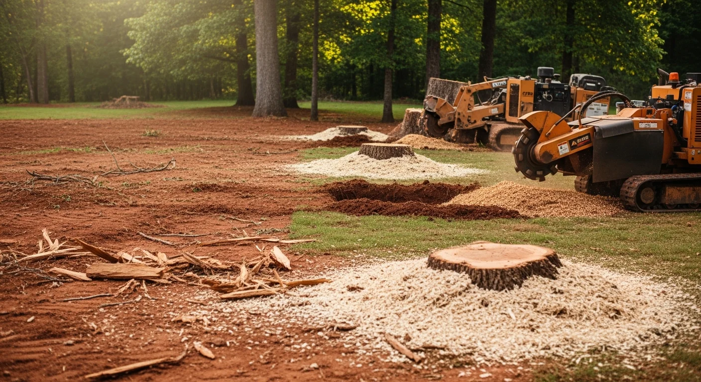 A Huntsville, Alabama residential backyard showing a freshly ground stump flush with the lawn, surrounded by wood chip grindings and level soil ready for reseeding. Multiple cleared stump areas are visible across the yard with no remaining above-ground stumps.