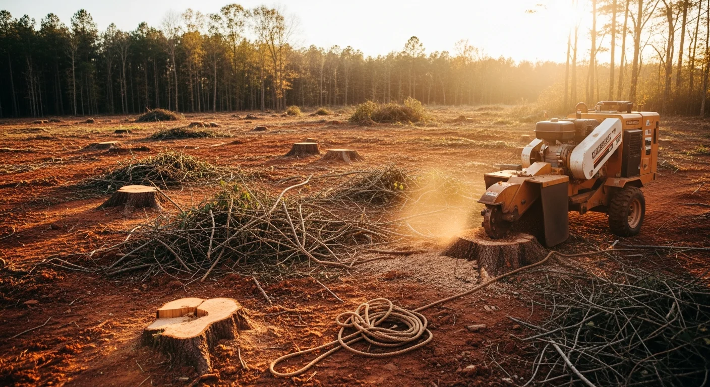 A cleared residential lot in Huntsville, Alabama with stumps removed and open ground visible after tree and brush removal. Surrounding North Alabama tree line remains intact along the property edge.