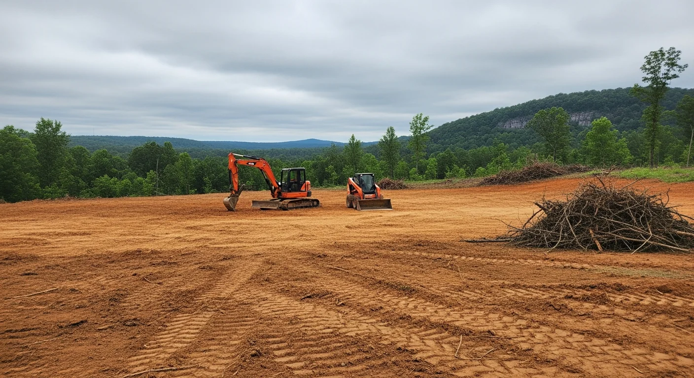 A cleared residential lot in Huntsville, Alabama with trees and brush removed and level ground exposed, ready for foundation work. Surrounding North Alabama tree line visible at the property edge.