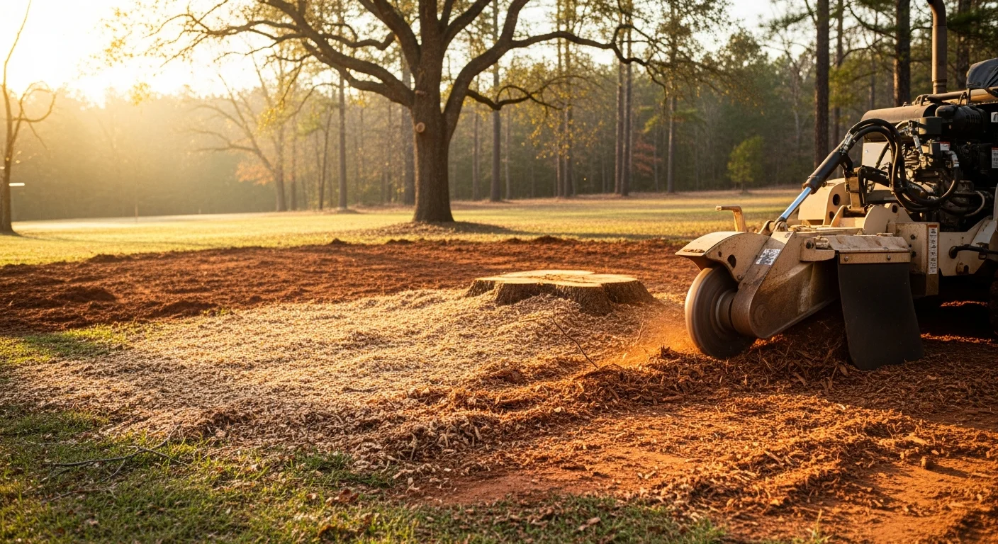 A freshly ground tree stump in a Huntsville, Alabama residential backyard, with wood chips scattered around a smooth, level depression in the lawn. The surrounding grass and landscaping remain undisturbed after stump extraction by Allison Tree Service.