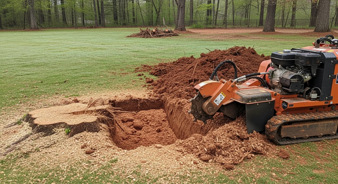 A freshly ground tree stump in a Huntsville, Alabama residential backyard, with wood chips spread across the ground and the surrounding lawn left intact. The area is level and clear, showing the result of professional stump grinding on a property with clay soil typical of North Alabama.