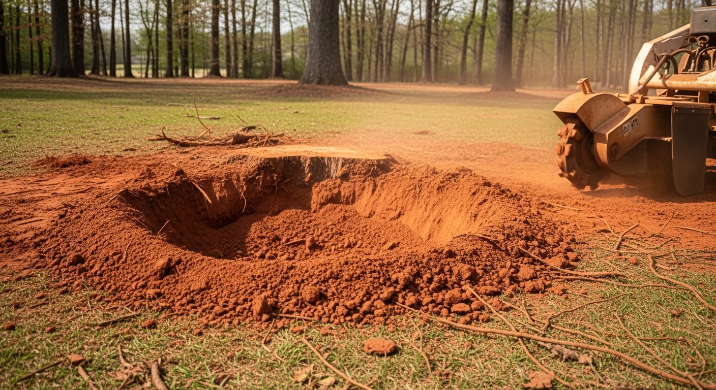 A freshly ground tree stump in a residential Huntsville, Alabama backyard, with wood chips scattered around a below-grade hole in a green lawn. The surrounding grass and garden border remain undisturbed.