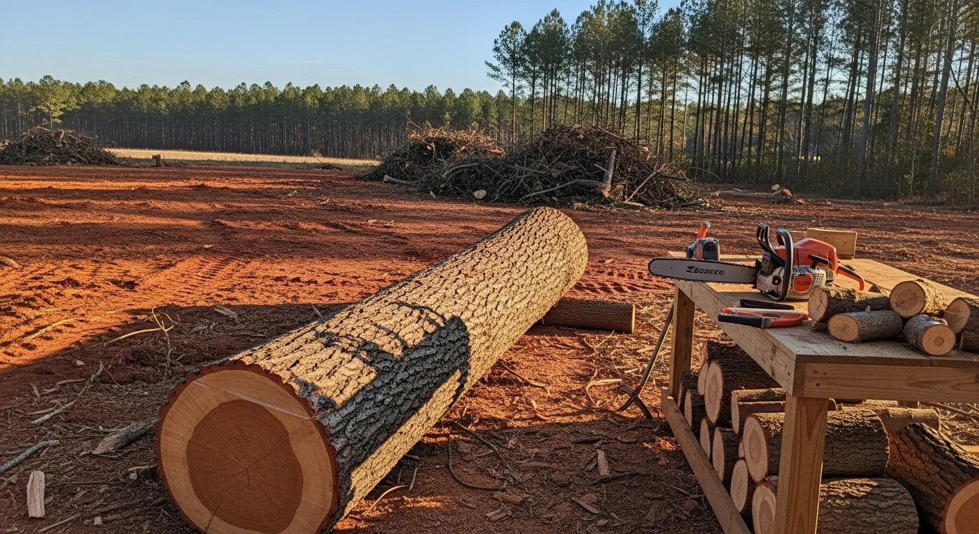 A large oak tree being removed in sections in a residential Huntsville, Alabama backyard, with cut trunk sections on the ground and a cleared yard visible behind the work area.