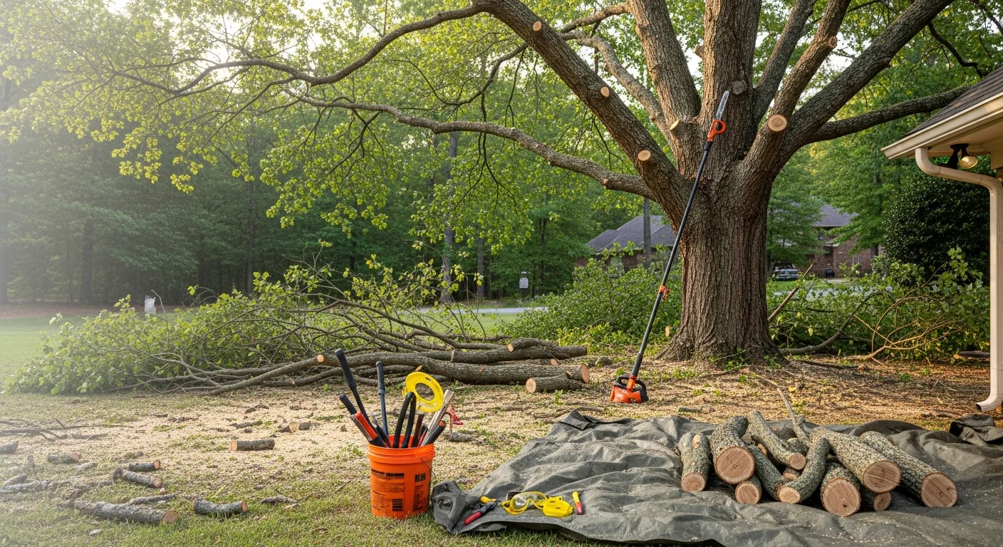 A tree service worker trimming large overhanging oak branches on a residential property in Huntsville, Alabama. Freshly cut limbs are visible on the ground below a shaped canopy near a single-story home.